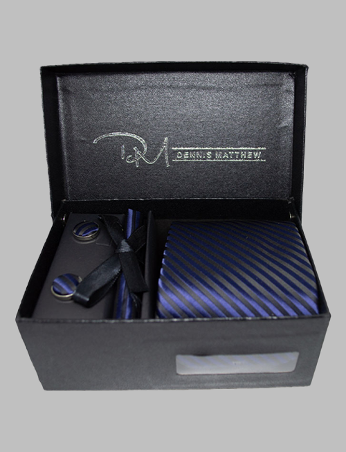 Navy Blue Thin Striped Tie Set Box