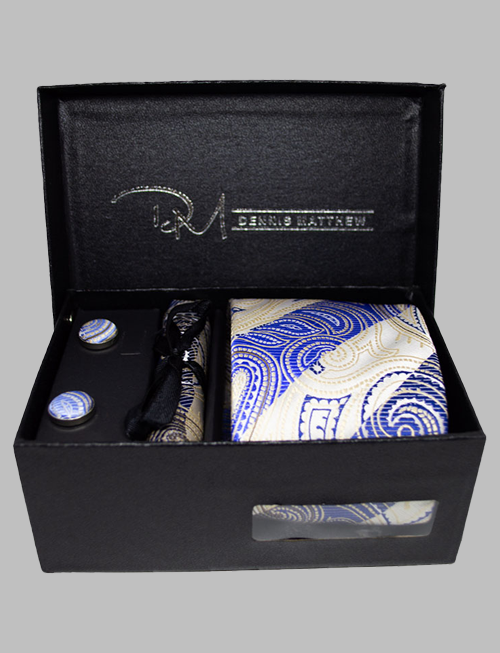 White & Blue Paisley Tie Set Box